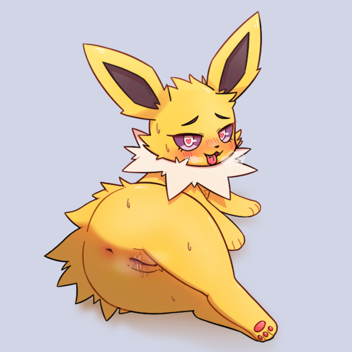 3_toes <3 <3_eyes anus bedroom_eyes blush bodily_fluids breath butt cute_fangs eeveelution feet female feral genital_fluids genitals grey_background hi_res jolteon kemono looking_at_viewer lying narrowed_eyes neck_tuft on_side park_horang pawpads pokemon_(species) presenting presenting_hindquarters purple_eyes pussy pussy_juice seductive simple_background solo toes tongue tongue_out tuft video_games yellow_body // 1900x1900 // 858.9KB
