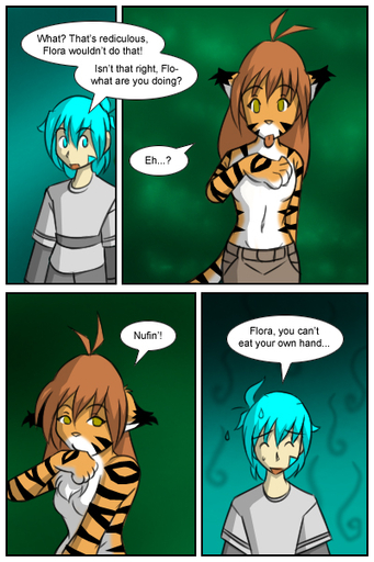 2:3 anthro blue_hair brown_hair casual_exposure clothed clothing comic conditional_dnp dialogue duo english_text felid female flora_(twokinds) fur hair human keidran male mammal orange_body orange_fur pantherine text tiger tom_fischbach topless trace_legacy twokinds webcomic webcomic_character white_body white_fur // 400x600 // 202KB