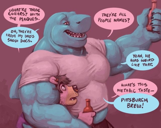 alcohol anthro anthro_on_anthro beer beverage bottle clothed clothing dialogue dominant dominant_male dramamine duo ear_piercing english_text facial_piercing fish headlock imminent_rape male mammal marine musclegut muscular muscular_male nose_piercing open_mouth pecs piercing shark smile speech_bubble text ursid // 640x509 // 82.2KB