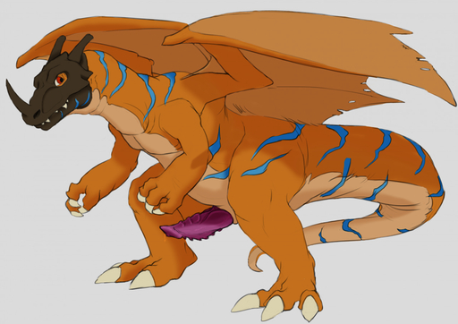 bandai_namco digimon digimon_(species) dragon erection feral genitals greymon male nude penis red_eyes scalie simple_background solo teeth white_background yaroul // 1280x905 // 547.6KB