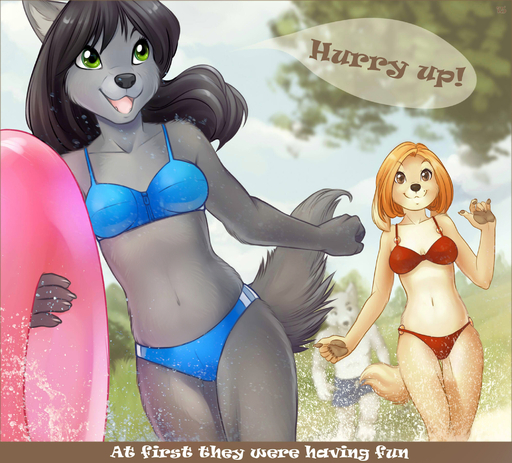 2013 anthro bikini black_hair black_nose blonde_hair breasts brown_eyes canid canine canis claws clothed clothing digital_media_(artwork) domestic_dog english_text fangs female fur grass green_eyes grey_body grey_fur group hair hi_res iskra long_hair male mammal navel open_mouth outside pawpads paws plant shaded short_hair skimpy swimwear teeth text tongue tree water white_body white_fur wolf yellow_body yellow_fur // 2100x1900 // 1.4MB