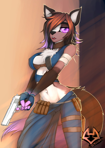 abstract_background anthro biped black_nose breasts brown_body brown_fur brown_hair canid canine cleavage clothed clothing female fluffy fluffy_tail fox fur gun hair handgun macmegagerc mammal midriff open_mouth pink_eyes pistol portrait purple_body purple_fur purple_hair ranged_weapon skimpy solo standing tan_body tan_fur three-quarter_portrait watermark weapon // 721x1015 // 641.4KB