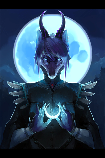 2:3 5_fingers anthro black_bars blue_eyes canid canine clothed clothing detailed_background digital_media_(artwork) eyewear female fingers glasses hi_res hybrid juliathedragoncat mammal moon night outside sky solo // 800x1200 // 874KB