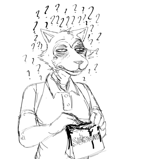 1:1 ? anthro beastars blood bodily_fluids canid canine canis clothed clothing comic confusion hi_res hladilnik holding_object humor legoshi_(beastars) male mammal monochrome narrowed_eyes reaction_image simple_background sketch solo squint subway_(restaurant) white_background wolf // 1280x1280 // 141.0KB
