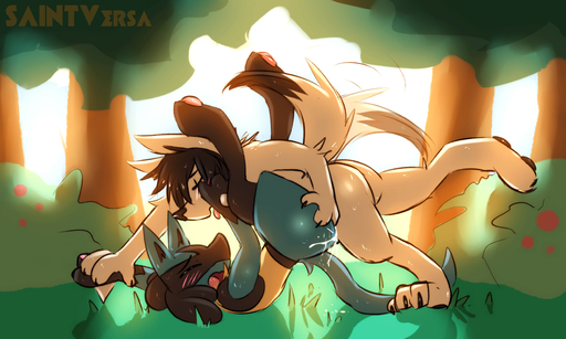 ambiguous_gender ambiguous_penetration anthro blush bodily_fluids canid canine cum detailed_background duo forest from_front_position genital_fluids hi_res lucario lying male mammal missionary_position nintendo on_back outside penetration plant pokemon pokemon_(species) saintversa sex tongue tree video_games // 2520x1513 // 2.1MB