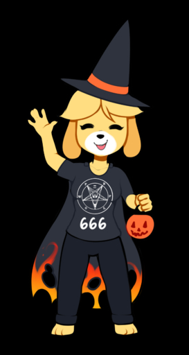 666 alpha_channel barefoot breasts canid canine canis cape clothing costume digital_media_(artwork) domestic_dog eyes_closed feet female floppy_ears full-length_portrait fur gesture grey_clothing happy hat headgear headwear hi_res holding_object holidays inverted_pentacle isabelle_(animal_crossing) jack-o'-lantern mammal marblesoda pentacle pentagram portrait satanic shih_tzu sigil_of_baphomet simple_background smile solo toy_dog transparent_background video_games waving witch_hat yellow_body yellow_fur // 1025x1920 // 471.6KB