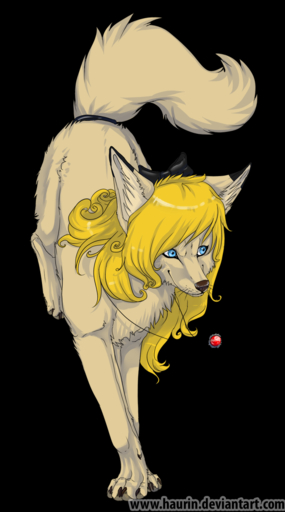 alpha_channel blonde_hair blue_eyes brown_nose canid canine canis domestic_dog female feral fur hair hauringu hi_res mammal paws ribbons simple_background smile solo transparent_background white_body white_fur // 800x1436 // 455KB