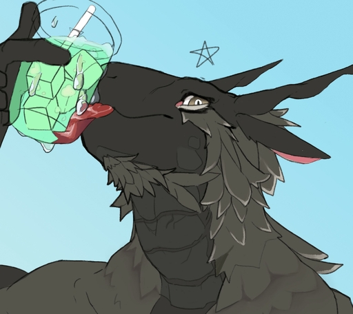 2019 ambiguous_gender beverage blep con5710 fur hair headshot_portrait hi_res holding_object horn looking_at_viewer looking_down portrait simple_background star tongue tongue_out unknown_species // 2098x1868 // 341.9KB