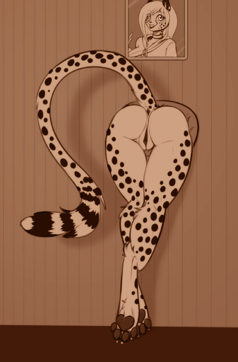 absurd_res amber_eyes anus bent_over butt cheetah felid feline female genitals hi_res hindpaw long_tail mammal mihari monochrome open_mouth open_smile pawpads paws portrait_(object) pussy raised_tail restricted_palette scorpdk sepia smile solo through_wall // 1580x2400 // 483.5KB