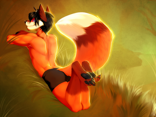 4:3 anthro bottomwear boxers_(clothing) canid canine clothed clothing fox fox_amoore_(foxamoore) glowing glowing_eyes grass hindpaw looking_at_viewer looking_back male mammal outside patto paws plant pose purple_eyes shorts smile solo topless underwear // 1280x960 // 1.1MB