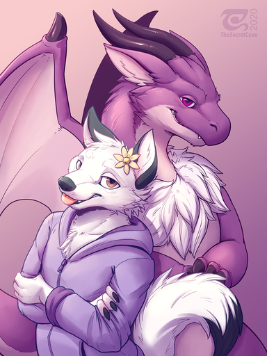 2020 3:4 canid canine digital_media_(artwork) dragon duo fox fur furred_dragon hi_res mammal membrane_(anatomy) membranous_wings orange_eyes purple_body purple_fur simple_background smile thesecretcave wings // 960x1280 // 1.2MB