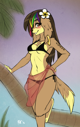 2018 accessory anthro bikini breasts brown_body brown_eyes brown_fur brown_nose canid canine canis clothing domestic_dog female flower flower_in_hair fluff-kevlar fur hair hair_accessory mammal medium_breasts navel piercing pinup plant pose reimina_keishana smile solo swimwear tattoo under_boob // 682x1080 // 649.7KB