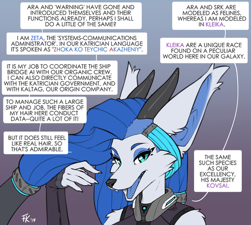 2019 android anthro blue_eyes blue_hair clothed clothing comic cybernetic_attachment cybernetics cyborg dialogue english_text female fluff-kevlar fur hair headshot_portrait horn kleika looking_at_viewer machine mammal open_mouth portrait robot science_fiction simple_background smile solo text white_body white_fur zeta_(fluff-kevlar) // 1019x914 // 369.5KB