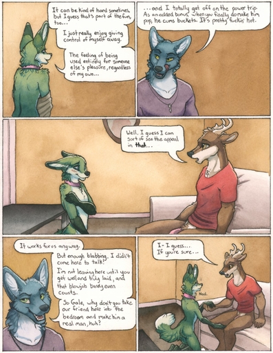 2018 5_fingers anthro antlers bdsm blue_(ruaidri) blue_body blue_fur blush bottomless brown_body brown_fur canid canine canis cervid clothed clothing collar comic dialogue dipstick_tail embarrassed english_text fingers fox fur gale_(ruaidri) genitals gloves_(marking) green_body green_fur group half-erect hi_res horn imminent_sex inner_ear_fluff kneeling licking licking_lips male mammal markings multicolored_body multicolored_fur multicolored_tail nude orgasm_denial painting_(artwork) penis profanity ruaidri self_lick speech_bubble text tongue tongue_out traditional_media_(artwork) tuft two_tone_body two_tone_fur undressing watercolor_(artwork) white_body white_fur wolf // 992x1280 // 327.3KB