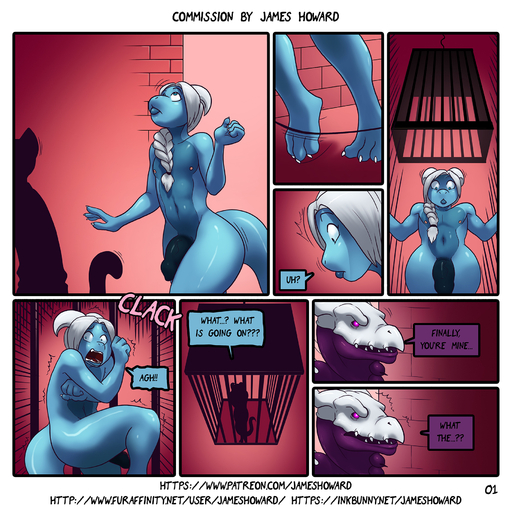 bars blue_body blue_skin cage caged comic dialogue digital_media_(artwork) dragon duo_focus english_text genitals girly group hair hi_res horn james_howard male nude penis prisoner purple_body purple_skin scalie scared text trapped url white_hair // 1821x1809 // 1.6MB