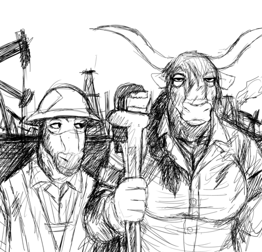 american_gothic anthro armor big_breasts black_and_white bovid bovine breasts cattle cleavage clothed clothing duo equid equine female frown fully_clothed hair headgear helmet hi_res hladilnik horn horse huge_breasts inspired_by_proper_art male mammal monochrome tools wrench // 1280x1233 // 1.6MB