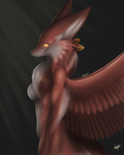 absurd_res anthro avian breasts canid canine cherry_(dredjir) dredjir feathered_wings feathers featureless_breasts female fox half-length_portrait hi_res light lineless mammal portrait realistic side_view simple_background solo tufted_fur wings // 3846x4800 // 2.0MB