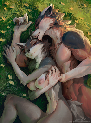 2020 anthro bonifasko breasts canid canine canis cuddling duo embrace eve eyes_closed female flower glistening glistening_body grass half-closed_eyes hand_holding hi_res looking_at_another looking_at_partner male malefemale mammal narrowed_eyes nipples nude outside plant rakan romantic_ambiance romantic_couple smile were werecanid werecanine werewolf wolf // 946x1280 // 805.6KB