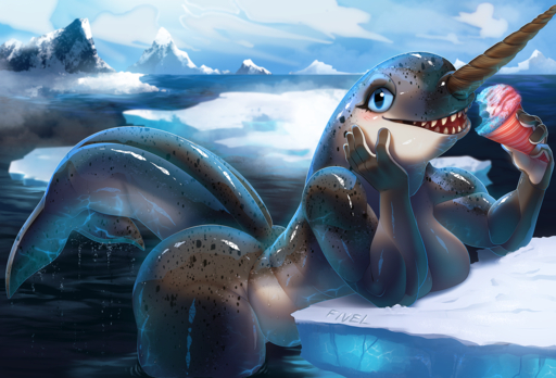 anthro bent_over big_breasts blue_eyes blush breasts cetacean delphinoid dessert detailed_background female fivel food glistening glistening_body glistening_skin hi_res iceberg looking_at_viewer mammal marine monodontid narwhal nude outside partially_submerged sea sharp_teeth slightly_chubby smile snow_cone solo spots teeth thick_thighs toothed_whale water wet // 1618x1100 // 3.0MB