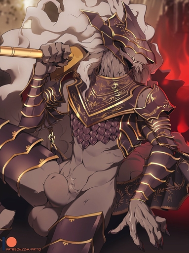 2022 animal_genitalia anthro armor balls biped breastplate canid canine canis fangs fully_sheathed fur genitals grey_body grey_fur hair headgear helmet hi_res holding_object holding_sword holding_weapon maliketh_(elden_ring) mammal melee_weapon patto sheath sitting solo sword vambraces video_games weapon white_hair wolf // 1122x1500 // 296.3KB