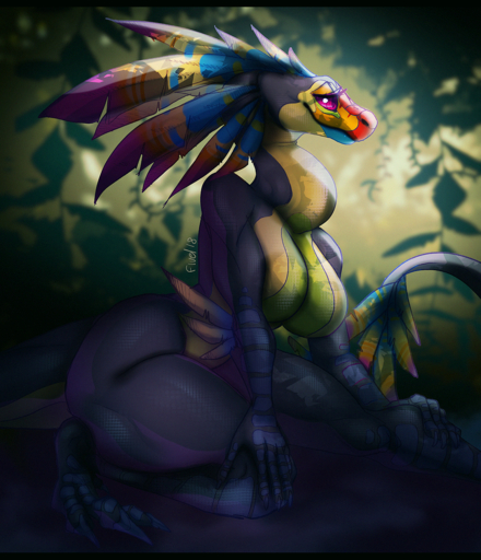 2018 5_fingers american_mythology anthro aztec_mythology big_breasts black_bars breasts couatl deity detailed_background digital_media_(artwork) feathered_snake feathers featureless_breasts female fingers fivel hi_res mesoamerican_mythology mythology non-mammal_breasts nude purple_eyes quetzalcoatl reptile scalie smile snake solo thick_thighs // 1100x1280 // 2.9MB