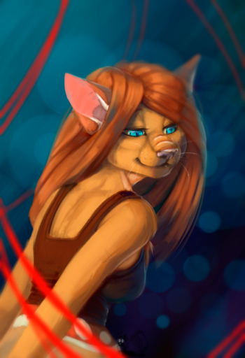 anthro blue_eyes breasts brown_body brown_fur brown_hair cleavage clothed clothing digital_media_(artwork) digital_painting_(artwork) domestic_cat eyelashes felid feline felis female fur hair hi_res mammal pink_nose smile solo ulitochka // 847x1240 // 1.5MB