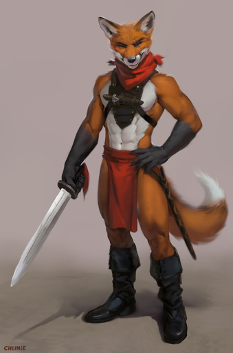 2019 abs anthro athletic boots bottomwear canid canine chunie clothed clothing dagger digital_media_(artwork) eye_scar facial_scar footwear fox fur hi_res holding_object holding_sword holding_weapon loincloth looking_at_viewer male mammal melee_weapon muscular muscular_anthro muscular_male neckerchief red_fox scar simple_background solo sword valfin_(chunie) vulpes weapon // 847x1280 // 264.8KB