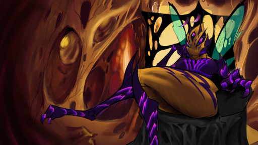 artblush arthropod bioluminescence female frown glowing hi_res holding_head hymenopteran insect kai'sa_(lol) league_of_legends multi_eye queen riot_games royalty sitting solo thick_thighs video_games wasp // 3000x1692 // 3.7MB
