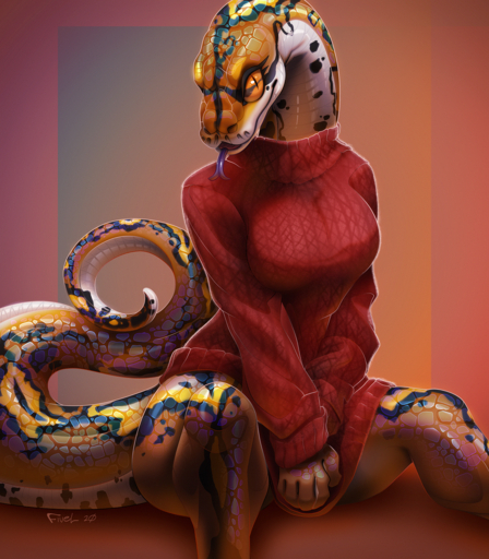 2020 5_fingers anthro blep bottomless breasts clothed clothing covering covering_crotch covering_self digital_media_(artwork) female fingers fivel forked_tongue hi_res humanoid_hands iridescent_scales long_neck long_tail looking_at_viewer multicolored_body multicolored_scales non-mammal_breasts orange_eyes pupils python red_clothing red_sweater red_topwear reptile reticulated_python ribbed_clothing ribbed_sweater scales scalie signature simple_background slit_pupils snake solo sweater tongue tongue_out topwear // 1280x1463 // 3.9MB