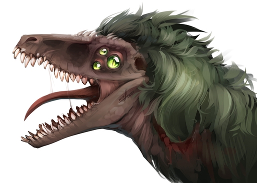 2019 ambiguous_gender bodily_fluids green_eyes green_hair hair hi_res k-dromka lizard monster multi_eye open_mouth portrait reptile saliva scalie scp-682 simple_background solo teeth tongue white_background // 2560x1829 // 696.4KB