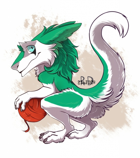 2017 ambiguous_gender anthro ball blue_eyes butt claws crouching english_text excidium fur green_body green_fur green_hair hair hi_res long_hair looking_at_viewer nude raised_tail re-re sergal signature simple_background solo text toe_claws white_background white_body white_fur yarn // 1138x1280 // 208.7KB