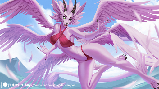 alanscampos anthro breasts claws clothed clothing digimon_(species) dragon feathered_dragon feathered_wings feathers female fur green_eyes hi_res horn magnadramon multi_wing pink_body pink_fur smile solo wings // 1800x1013 // 1.0MB