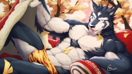 abs anthro biceps blue_body blue_fur bulge canid canine canis clothed clothing fur leaf male mammal muscular muscular_anthro muscular_male null-ghost pecs plant seductive solo tongue tree underwear white_body white_fur wolf wood // 900x506 // 310.6KB