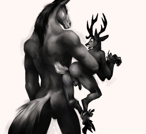 2014 anthro antlers anus backsack balls bound butt carrying cervid cloven_hooves duo equid equine flaccid half-erect hooves horn horse klongi looking_down male mammal monochrome muscular nude penis rear_view rope shocked size_difference tragelaphus // 1115x1024 // 535.2KB