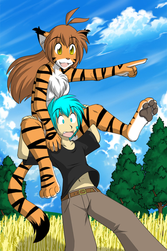 2:3 anthro belly belt black_markings blue_eyes blue_hair breasts brown_hair carrying casual_nudity chest_tuft claws clothing conditional_dnp digitigrade duo fangs featureless_breasts felid female flora_(twokinds) fur gesture grass hair hindpaw human keidran mammal markings nude on_shoulders on_top on_top_of orange_body orange_fur pantherine pawpads paws plant pointing pupils sitting slit_pupils small_breasts smile standing tiger tom_fischbach trace_legacy tree tuft twokinds webcomic webcomic_character white_belly white_body white_fur worried yellow_eyes // 600x900 // 273.5KB