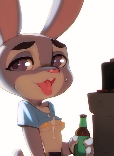 2019 anthro beverage bikini bodily_fluids breasts clothed clothing cum cum_on_chest doxy erection female fingers food fur genital_fluids glistening glistening_body glistening_clothing grey_body grey_fur hi_res judy_hopps lagomorph leporid mammal nipple_outline open_mouth purple_eyes rabbit simple_background solo sweat swimwear tongue tongue_out under_boob white_background // 992x1350 // 194.8KB