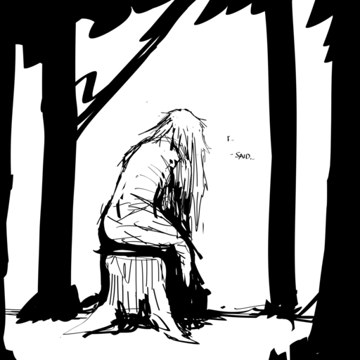 1:1 ambiguous_species anthro black_and_white comic dialogue english_text female forest hi_res hladilnik monochrome plant shadow sitting solo text tree tree_stump // 1280x1280 // 120.7KB