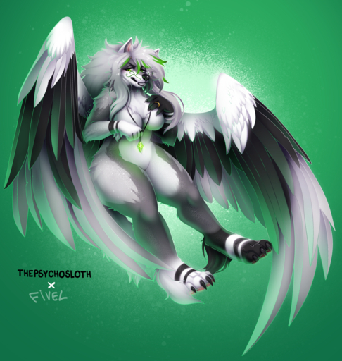 2020 4_toes 5_fingers anthro breasts digital_media_(artwork) eyebrows eyelashes feathered_wings feathers featureless_breasts featureless_crotch feet female fingers fivel green_background green_eyes grey_hair hair hi_res nude simple_background smile solo thepsychosloth toes wings // 1424x1500 // 2.9MB