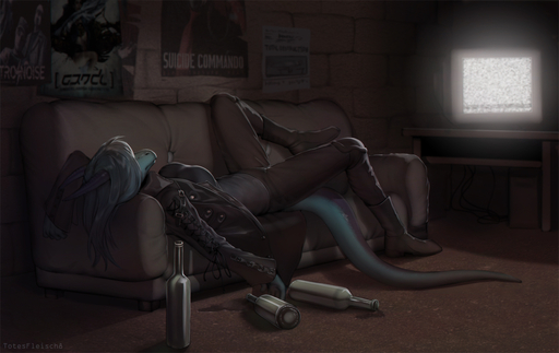 alcohol anthro avi_(character) beverage bottle clothing depression dragon female furniture hair horn scalie sofa solo television totesfleisch8 // 1280x808 // 422.4KB