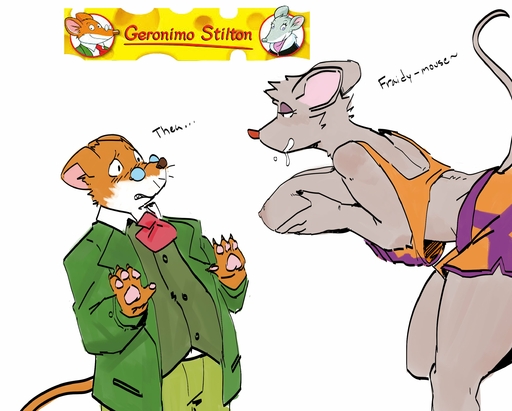anthro breast_grab breasts clothing dialogue duo eye_contact eyewear female flirting geronimo_stilton geronimo_stilton_(series) glasses goonie-san hand_on_breast hi_res holding_breast looking_at_another male malefemale mammal mouse murid murine pawpads rodent thea_stilton // 2530x2032 // 390.2KB