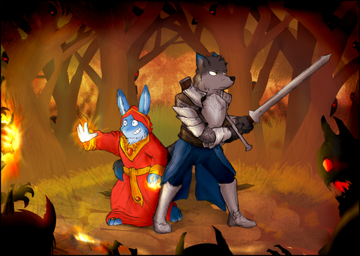 anthro armor battle biped canid canine captainzepto clearing clothed clothing demon detailed_background digital_media_(artwork) duo_focus elemental_manipulation fight fire fire_manipulation forest fox full-length_portrait fully_clothed group in_tree lagomorph leporid magic magic_user mammal melee_weapon monster plant plate_armor portrait rabbit robe shadow spell standing surrounded sword tree weapon // 1273x906 // 1.3MB