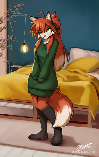 2022 anthro canid canine clothed clothing detailed_background dragonfu female fox fur hi_res mammal solo standing sweater text topwear // 758x1200 // 494.1KB