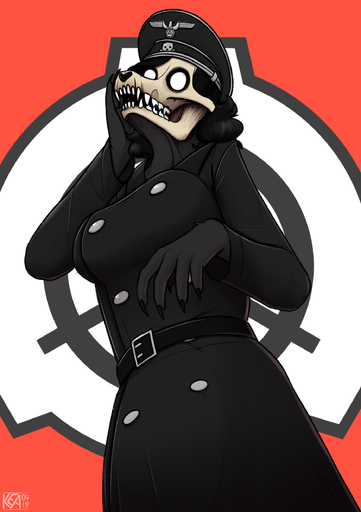 absurd_res anthro big_breasts black_body black_fur bone breasts canid canine clothed clothing female fur hair hi_res keadonger looking_at_viewer malo mammal monster nazi scp-1471 scp-1471-a scp_foundation simple_background skull solo teeth undead // 1748x2480 // 1.6MB