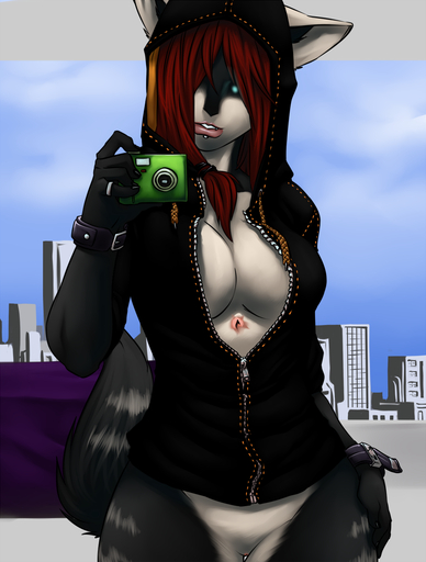 anthro black_clothing black_hoodie black_topwear bottomless bracelet breasts camera city claws clothed clothing facial_piercing faint female front_view fur genitals grey_body grey_fur grey_tail hi_res holding_object holding_phone hoodie jewelry lip_piercing mirror_selfie mogli multicolored_body multicolored_fur outside partially_clothed phone piercing pussy scar selfie side_boob solo topwear two_tone_body two_tone_fur two_tone_tail wrist_strap wristband // 971x1280 // 639.4KB