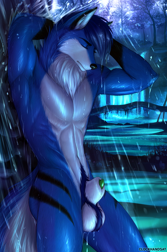 absurd_res animal_genitalia anthro aozora_yoru balls blue_body blue_fur canid canine canis clockhands eyes_closed forest fur genitals green_penis hi_res male mammal nude penis penis_tip plant sheath solo stripes tree water waterfall wet wet_body wet_fur white_body white_fur wolf // 2533x3800 // 9.1MB