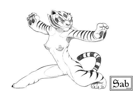 2022 anthro black_and_white breasts casual_nudity felid female fighting_pose full-length_portrait genitals hi_res mammal master_tigress monochrome nipples nude pantherine portrait pose pussy sabrotiger sketch solo stripes tasteful_nudity tiger // 2102x1440 // 289.8KB
