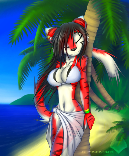 anthro beach big_breasts bikini bracelet breasts cherry_(macmegagerc) clothed clothing detailed_background eyes_closed felid female fur hi_res jewelry macmegagerc mammal navel outside pantherine red_body red_fur sand sarong seaside skimpy sky solo stripes swimwear tiger translucent // 1140x1380 // 1.7MB