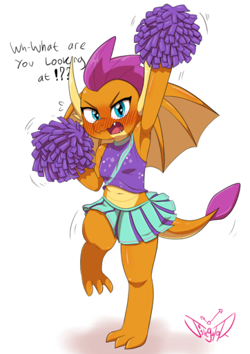 2019 3_toes absurd_res anthro barefoot biped blue_eyes blush bottomwear cheerleader clothed clothing dialogue dragon english_text fangs feet female friendship_is_magic hasbro hi_res horn jeglegator my_little_pony open_mouth pom_poms scalie skirt smolder_(mlp) solo spread_toes text toes wings // 2480x3508 // 2.9MB