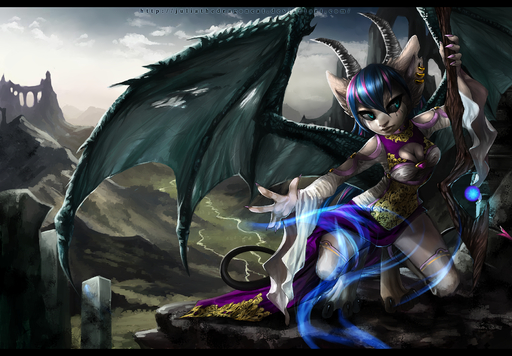 5_fingers anthro black_bars black_sclera blue_hair detailed_background digital_media_(artwork) digitigrade dragon female fingers fur hair hi_res holding_object holding_weapon horn hybrid juliathedragoncat membrane_(anatomy) membranous_wings solo weapon white_body white_fur wings // 1800x1250 // 2.8MB