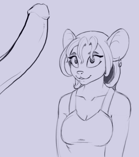 2019 anthro breasts disembodied_penis duo ear_piercing ear_ring erection female genitals hair hi_res lord_magicpants male mammal monochrome mouse murid murine penis piercing rodent simple_background smile top_(disambiguation) // 1594x1800 // 193.2KB